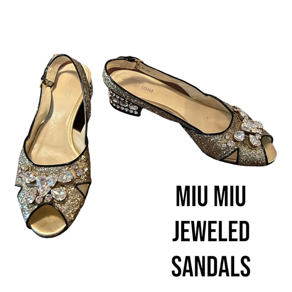 MIU MIU GOLD SPARKLE AND JEWELED SANDAL SIZE 39